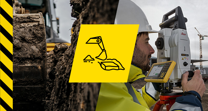 Soluzione Leica iCON per i lavori di movimento terra che mostra un escavatore e un lavoratore edile che utilizzano una stazione totale robotizzata Leica iCON.